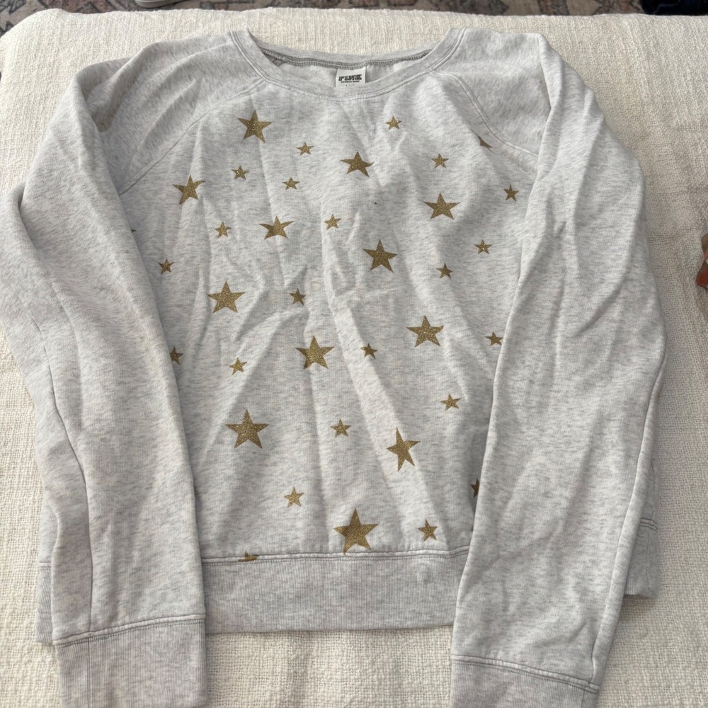 Victoria's Secret PINK Gray Heather Gold Glitter Star Raglan Sweatshirt Large